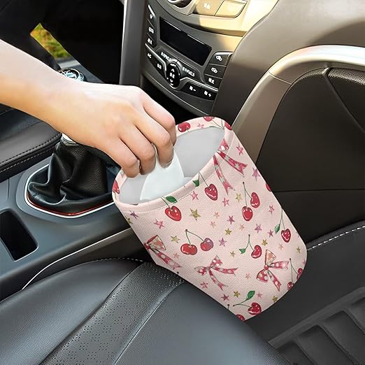 Brosoneto Car Trash Can Pink Cherry Bow Collapsible Portable Small Car Garbage Bin for Front Seat, Back Seat, Floor, Headrest Rubbish Bin Universal for SUV Trucks