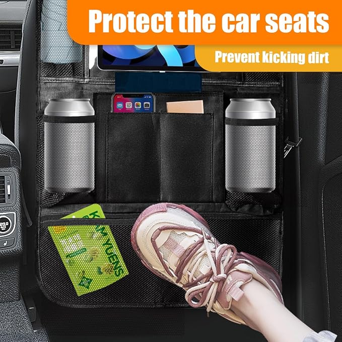 Car Backseat Organizer, Oxford Cloth Kick Mats Back Seat Protector with 9 Pockets & Clear Tablet Holder, Universal Waterproof Car Road Trip Essentials Storage Accessory (1PC)