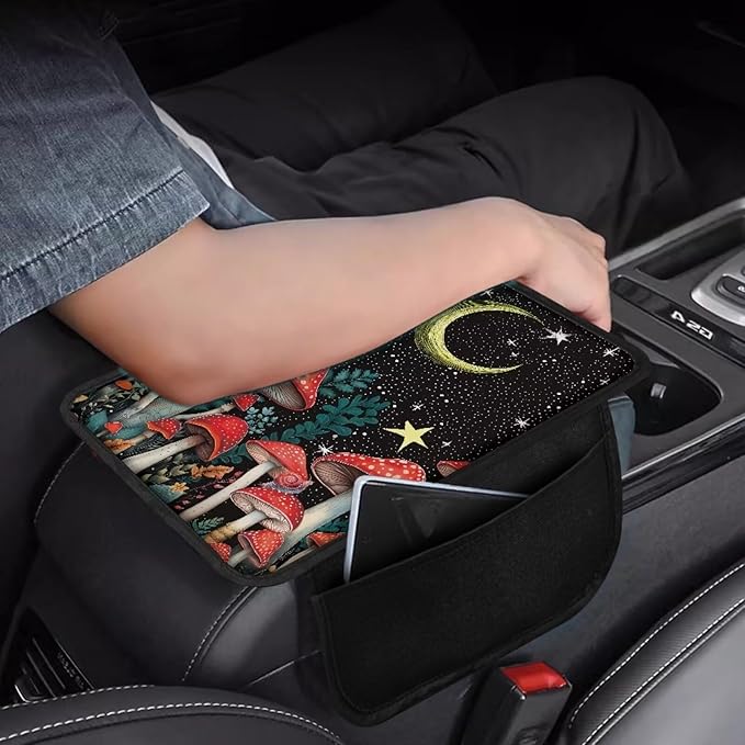 BIGCARJOB Mushroom Print Car Center Console Cover with Side Storage Moon Mushroom Print Car Armrest Cover Cushion Auto Seat Center Console Pads Universal Car Interior Accessories