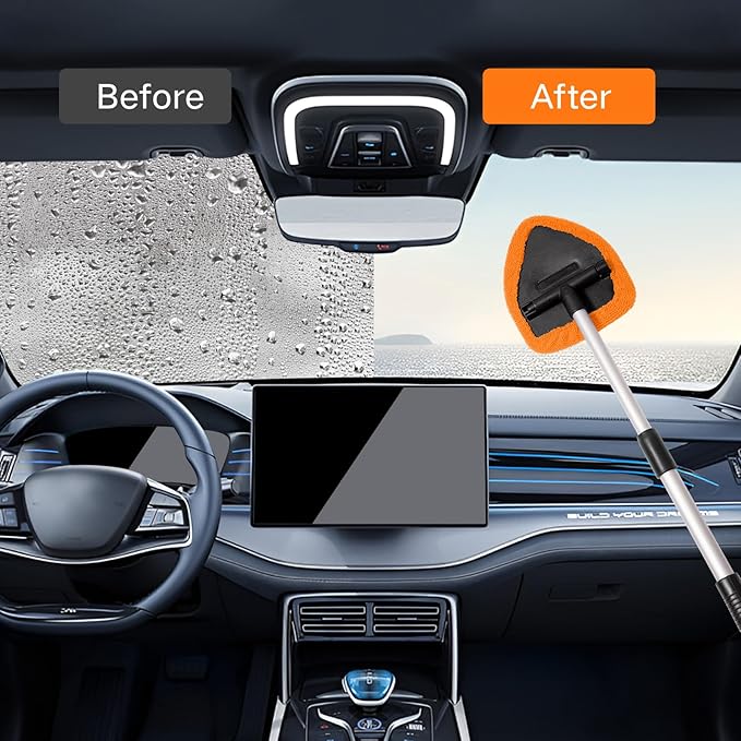 10pcs Windshield Cleaner Tool, Car Window Cleaning Wash Kit with 4 Reusable Microfiber Pads 1 Spray Bottle and Extendable Handle Auto Glass Wiper Kit, Orange