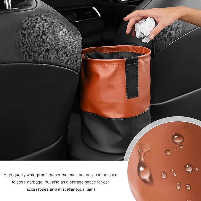 Collapsible Car Trash Can, Waterproof Leather Auto Garbage Bin with Elastic Band & Hook, Retractable Hanging Garbage Organizer Trash Container for Vehicle Home Outdoor