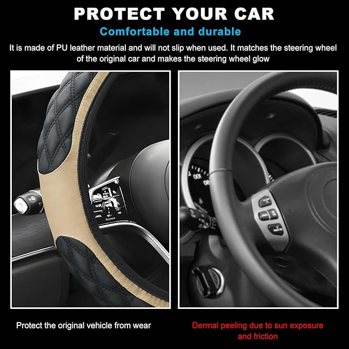 Car Steering Wheel Cover, 15 Inches Non-Slip Leather Car Steering Wheel Protector, Universal Steering Wheel Soft Cover Mats for Car Truck SUV, Interior Car Accessories (Beige)