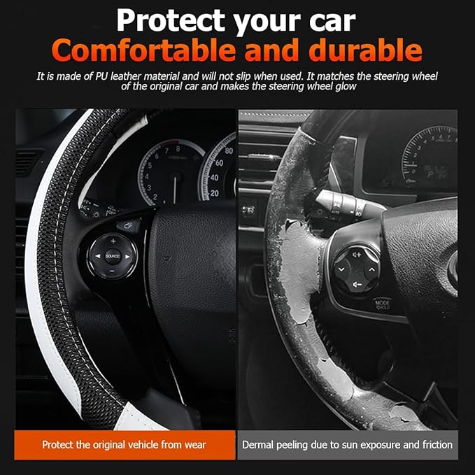Car Steering Wheel Cover, 14.97 Inch Leather Non-Slip Vehicle Steer Wheel Protector, Soft & Breathable Automotive Interior Protection Accessories, Universal for SUV Sedan Truck (Black/White)