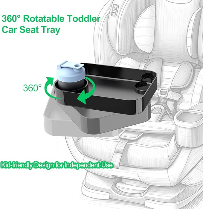Car Seat Tray for Kids Travel, Carseat Tray for Food Toddler, Car Seat Table Tray, Car Seat Cup Holder Snack Tray for Graco, Evenflo, Chicco, Rotatable Removable Family Road Trip Essentials - Black