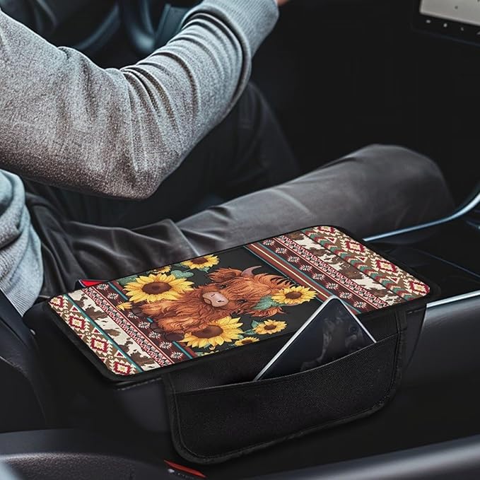 Boatee Cow Sunflower Automotive Armrests Universal Arm Rest Cover for Car Navajo Center Console Pad with 2 Storage Bags Car Console Organizer Car Interior Decor Auto Interior Protection Brown