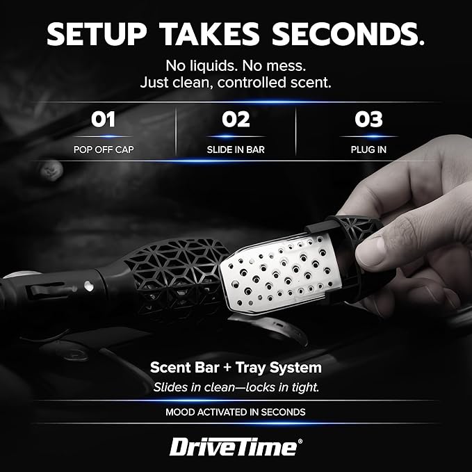 Drive Time Power Fresh 12V Car Air Freshener Bundle – Matte Black Plug-In Diffuser + 6 Long-Lasting Scent Bars (Up to 30 Days Each) – Refillable Automotive Freshener for Clean, Fresh Car Interior