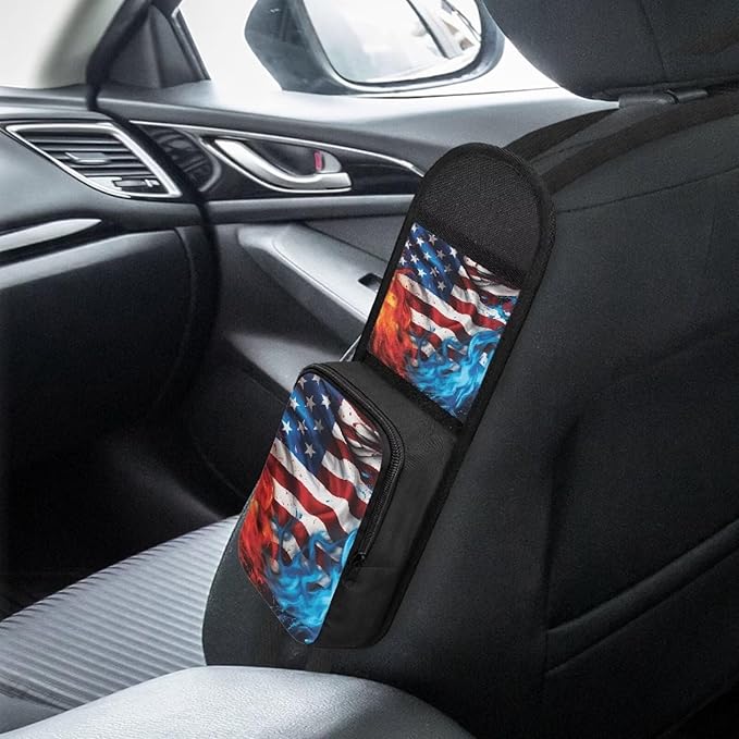 American Flag Auto Seat Side Storage Bag Organizer Fire Flame Car Seat Storage Bag with Zipper Patriotic Car Interior Accessories for Women Men