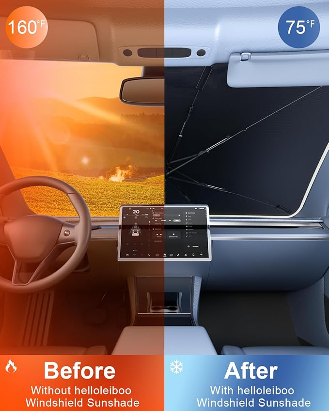 helloleiboo [2025 Upgraded] Car Windshield Sun Shade Umbrella 53"x 30" Windshield Sun Shade Foldable 5-Layer Thickened Vinyl Coating Reflective Polyester Blocks Heat & UV Rays for Small Car