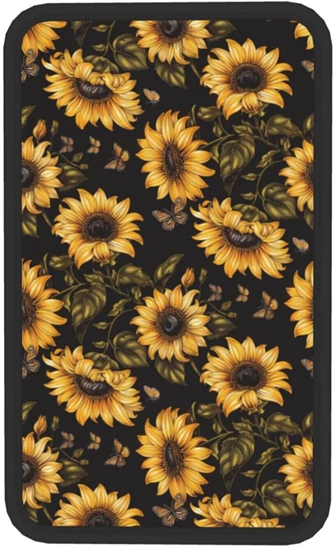 Sunflower Car Center Console Cover Yellow Black Flower Floral Armrest Box Covers SUV Van Sedans Truck Interior Accessories, Anti-Scratch Middle Console Lid Cushion Protector