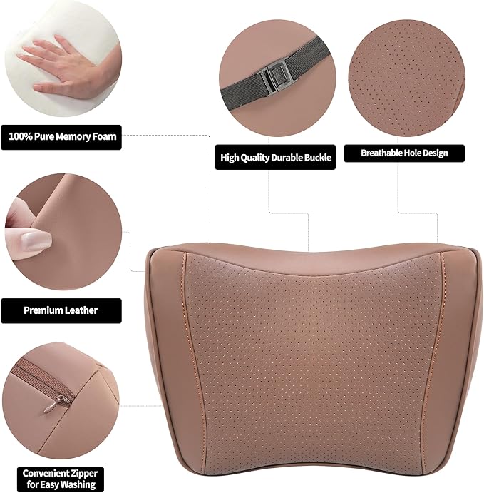 Car Headrest Pillow Memory Foam Breathable Removable Leather Cover Premium Seat Support Head Neck Cushion for Driving Traveling Home Office, Brown, 1 Pack
