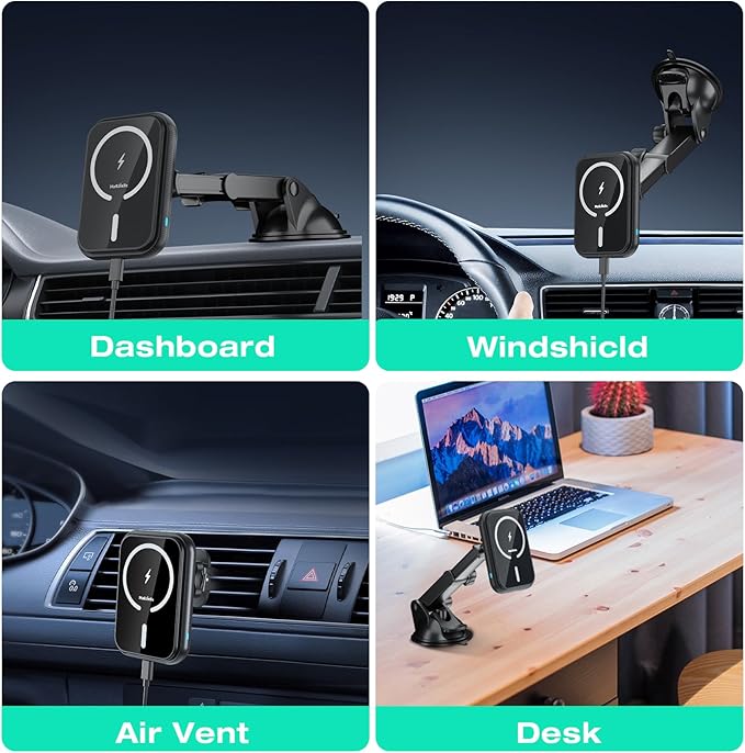 for MagSafe Car Mount Charger, (15W Fast Charging) Magnetic Wireless Charging Phone Holder Fits iPhone 16/15/14/13/12 Pro Max Plus/MagSafe Case on Dash/Windshield/Air Vent/Desk Bumpy Roads