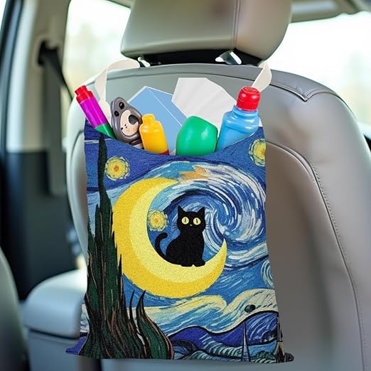 Pykfrhh Black Cat Car Trash Bag, Car Trash Bag Hanging, Waterproof Cars Back Seat Hanging Organizer and Storage Trash Bags for Vehicle Travelling Camping Moon Decor
