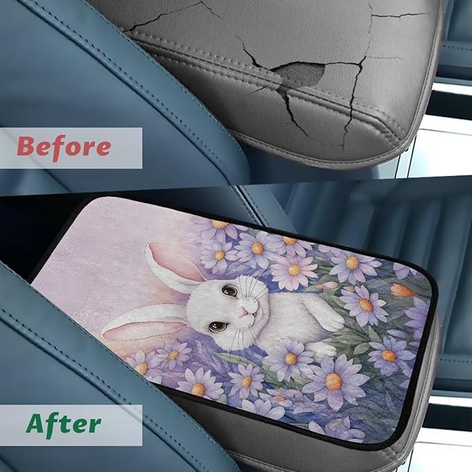 Bulopur Easter Cute Bunny Armrest Cover Car Center Console Cover Easy to Install Car Armrest Cushion Flannel Protector Protect from Pet Claws Thickened Fit for Most Cars, Vehicles, SUVs