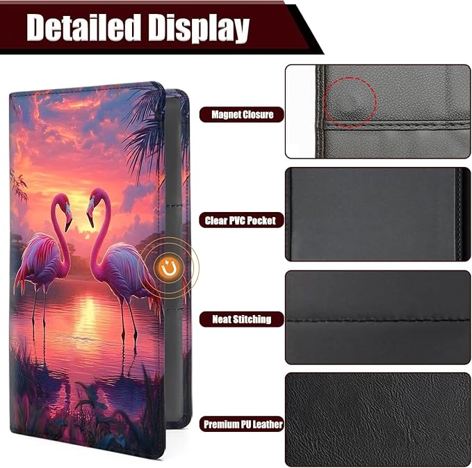 Car Registration Holder, PU Leather Vehicle Glove Box Organizer for Driver License, Document, Car Insurance Holder with Magnetic Shut, Auto Paperwork Wallet Case Accessories, Pink Flamingos Pattern