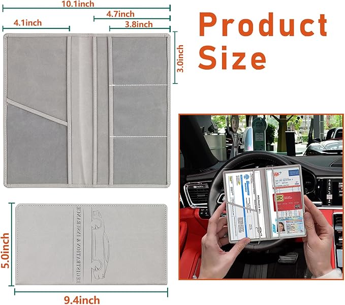 Kewucn Car Registration and Insurance Card Holder, Leather Auto License Document Glove Box Compartment Organizer, Essentials Vehicle Wallet Case for Driver License, ID Card (Gray)