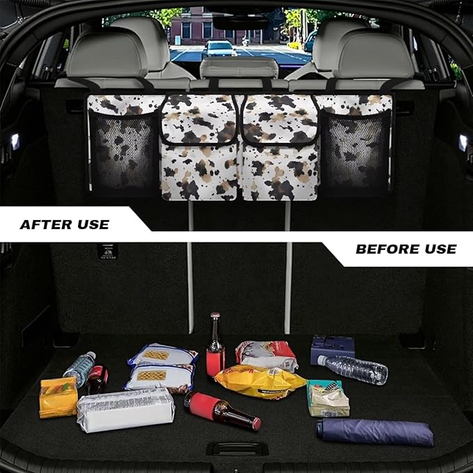 Car Trunk Organizer SUV Accessories, Space-Saving Car Trunk Organizers for Women Fashion Back Seat Car Organization Accessories, It Easy to Find Things, Novelty Cow Print