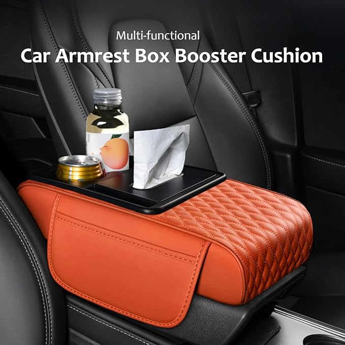 Car Center Console Armrest Pad, Arm Rest Box Cushion with Ergonomic Height Boost, Storage Pockets, Built-in Tissue Box, Cupholder, Fit for Most Sedan Vehicles (Embroidery Water Ripple, Grey)
