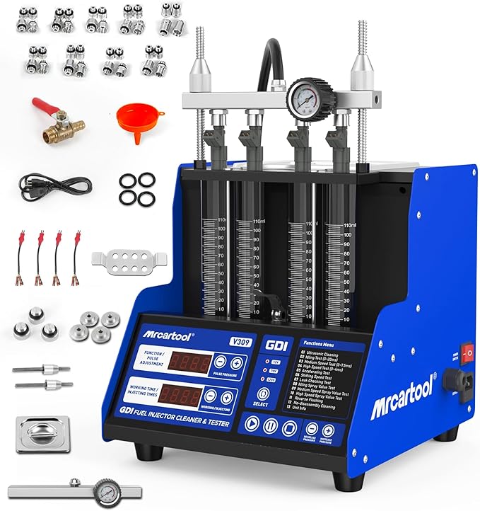 MR CARTOOL V309 GDI Fuel Injector Cleaner Tester Machine Diesel & Gasoline110V/220V 4-Cylinder Injector Cleaning Machine, Ultrasonic Test Clean Kit for Car Motorcycle EFI/FSI Injectors