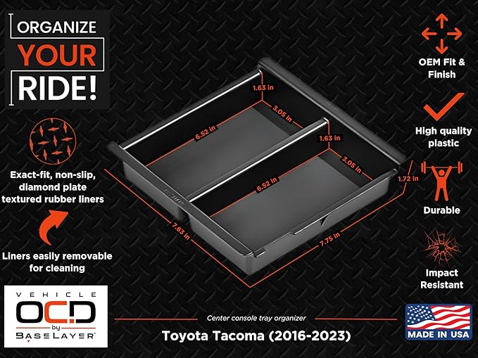 Vehicle OCD - Center Console Divider, Tray, and Glove Box Organizer for Toyota Tacoma (2016-2023) - Made in USA - SLX501