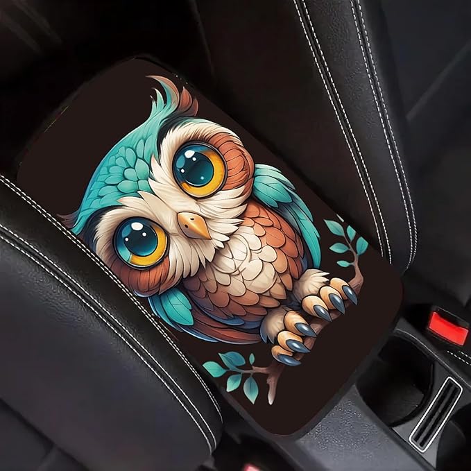 CREATCABIN Owl Auto Center Console Cover Car Armrest Cushion Auto Armrest Storage Box Pad Soft Anti-Slip Lines Waterproof Car Accessories Interior with Elastic Band for Vehicle SUV Truck 12.6×7.5in