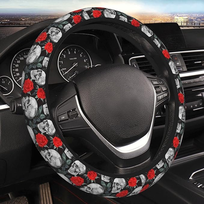 Skull Red Rose Steering Wheel Cover for Women Men Girls, Car Accessories Decor Thickened Anti-Slip Auto Steering Wheel Covers Protector Universal Fit 15 Inch for Cars, Truck, SUV