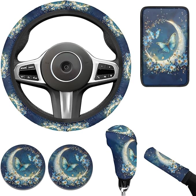 6 PCS Blue Starlit Sky Car Steering Wheel Cover Butterfly Car Interior Decor Handbrake Cover Cup Coaster Universal Fit Auto,Suvs,Truck
