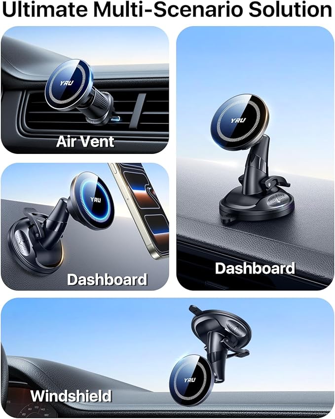 YRU [True Upgraded Military-Grade Phone Holder for Magsafe Car Mount 360° Rotating Vacuum Suction Dashboard, 2800gf Strongest Magnetic Windshield Phone Mount for iPhone 17 Pro Max 16 15 14,Black