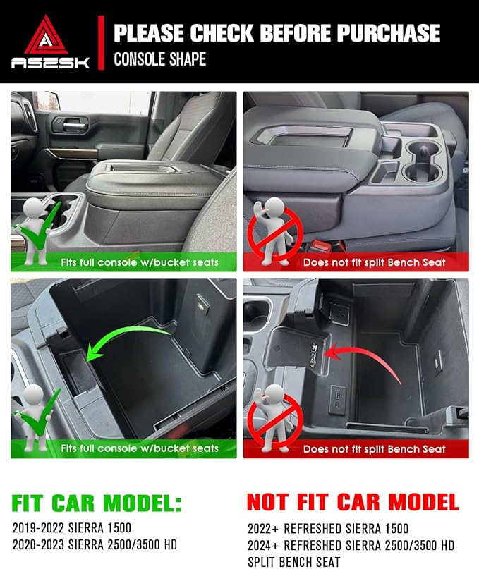 ASZSK for 2019-2022 Chevy Silverado/GMC Sierra 1500& 2020-2023 Silverado/Sierra 2500HD 3500HD Center Console Armrest Organizer ABS Materials