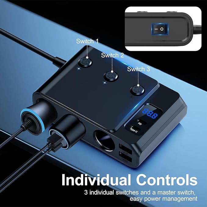 Tendak 9 in 1 Cigarette Lighter Adapter, 150W Cigarette Lighter Splitter with PD 30W/QC3.0, 3 USB Ports (Type-C+2 USB-A), Independent Switches, LED Voltage Display, Plug Outlet 12V/24V(3.3ft Cable)