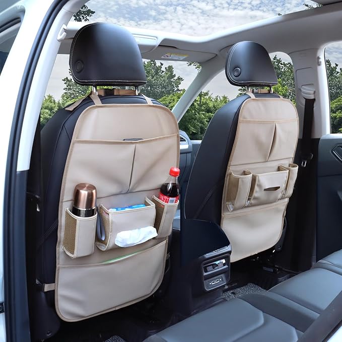 pefirst Car Backseat Organizer for Kids, Car Back Seat Storage Bag With 3 Pockets, 2 Drinks Holders, Water Resistant, Kids Toy Storage Kick Mat Back Seat Protector for Toddlers (Beige 1-Pack)