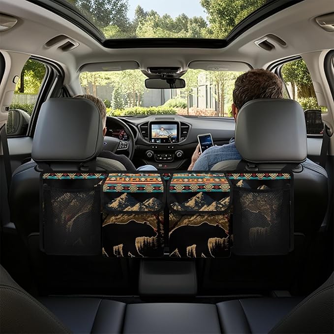 CLOHOMIN Southwest Aztec Bear Car Truck Organizer Cargo Storage Bag with 4 Pockets Backseat Hanging Organizer Car Accessories
