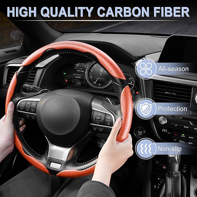 Amiss 3pcs Carbon Fiber Anti-Skid Steering Wheel Cover, Waterproof & Segmented Butterfly Design, Universal 99% Vehicle Wheel Cover Protector, Car Interior Accessories, Orange