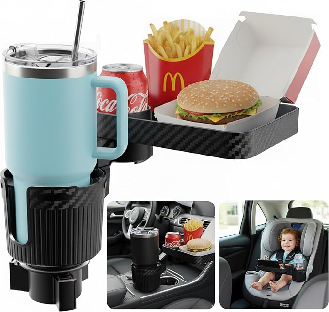 Car Cup Holder Tray, 3 in 1 Cup Holder Expander Adapter for Car, 360° Rotating Detachable 11" Car Food Tray Table for Eating, Road Trip Essentials Fits Yeti, Hydro Flask 16-46 oz, OtterVerz 11