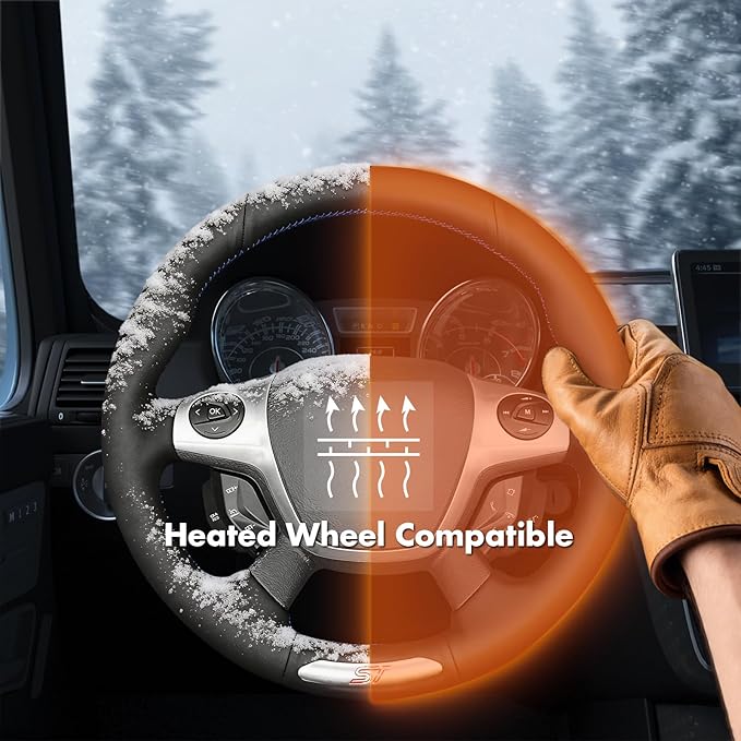 MEWANT Hand Stitch Steering Wheel Cover Fit for Ford Focus ST 2013 2014 Custom DIY Hand Sewn Black Microfiber Leather Steering Wheel Wrap Interior Accessories