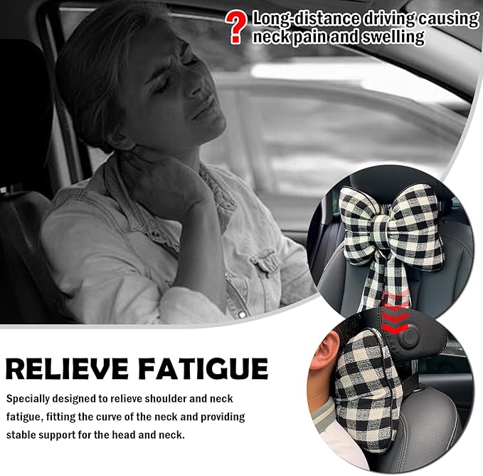 2026 New Bow Car Neck Pillow,Stylish Car Headrest Pillow with Black & White Check for Cars Decorations,Breathable Comfortable Neck Pillows for Cars as Halloween