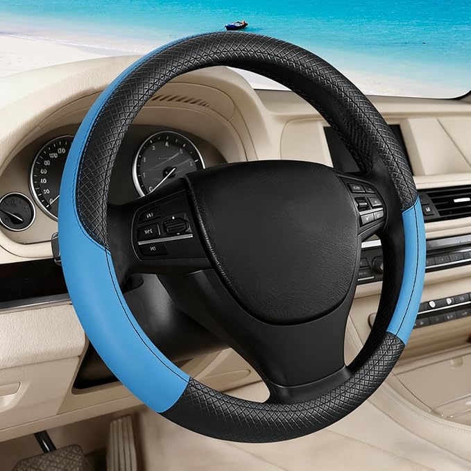 Black & Blue Car Steering Wheel Cover, Microfiber, Leather Patchwork, Universal 14.5-15 Inch Leather Anti-Slip Breathable Auto Steering Wheel Covers for Men Women