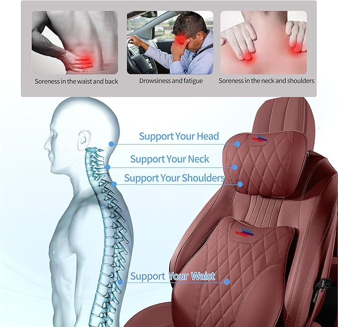 Anti-Stain Nappa Leather Car Neck Pillow for BMW New X3 X5 X2 X4 X1 X6 X7 2 3 4 5 7 Series Headrest Neck Pillow, Soft Memory Foam Headrest with Lumbar Support Accessories(Tacora Red-bm-2 pcs)