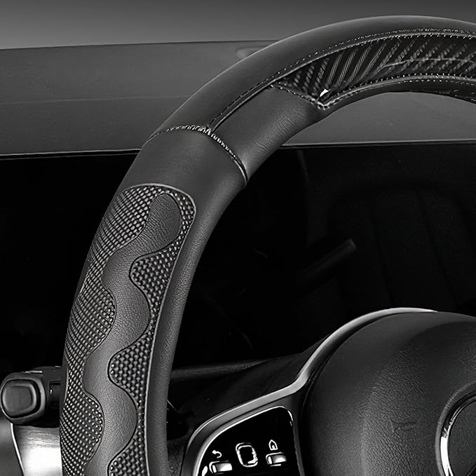 SEG Direct Car Steering Wheel Cover Medium Size 14 1/2"-15" Embossed Microfiber Leather with Carbon Fiber Pattern Black