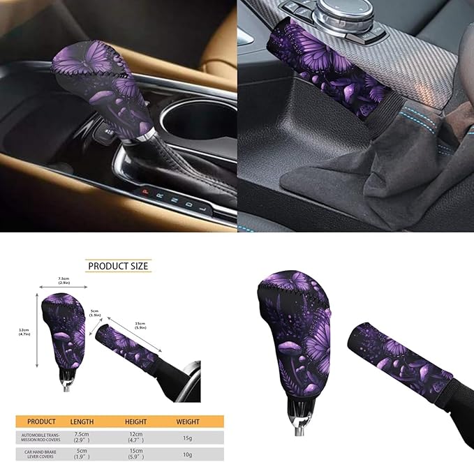 Purple Butterfly Car Steering Wheel Cover Set for Men Women Cute Mushroon Print Cup Coaster Car Armrest Cover Fits Most Cars Trucks Vans and SUV