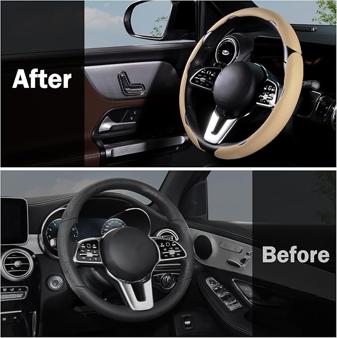Car Steering Wheel Cover Leather Snap On 3Pcs Set Non-Slip Protector Wrap Steering Wheel Accessories 14.5-15 inch Universal Beige