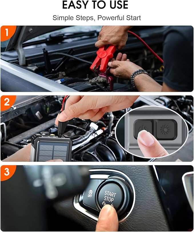 Solar Jump Starter, 5000A Peak 12V Car Battery Jump Starter for Up to 10.0L Gas & 6.0L Diesel Engines, Jumper Cables & Solar Power Bank, Car Accessories & Gift for Men, Husband, Dad, Organge