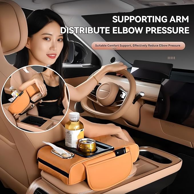Multifunctional PU Leather Car Armrest Box Mat, 5-in-1 Multifunctional Car Armrest Cushion, Center Console Cover with 2 Cup Holder, For Storing Tissues, Phones, Wallets, Drinks, for Most Cars (Brown)