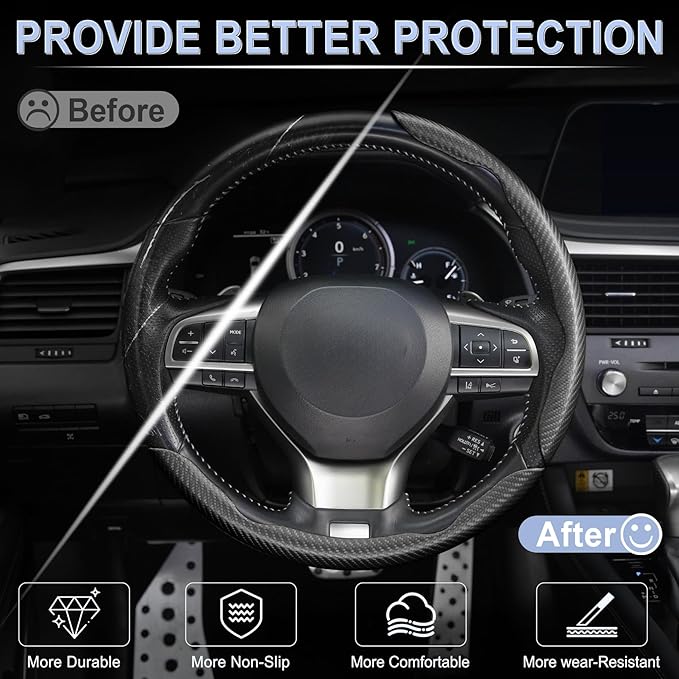 Amiss 3pcs Carbon Fiber Anti-Skid Steering Wheel Cover, Waterproof & Segmented Butterfly Design, Universal 99% Vehicle Wheel Cover Protector, Car Interior Accessories, Black
