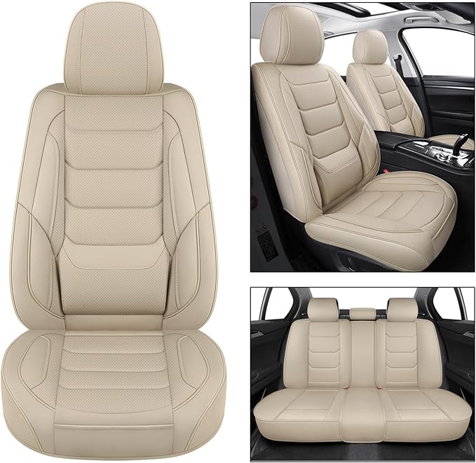 SCOMEE Beige Leather Car Seat Covers Full Set Breathable Seat Protectors Waterproof Automotive Seat Covers Universal Fit for Most Cars SUVs Trucks Vehicles