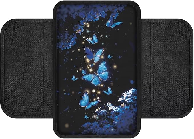 Dreaweet Car Armrest Cover Pad Blue Butterfly Flower Print Center Console Covers with Pockets for Car SUV Truck Sedan,Universal Washable Arm Rest Cover for Car
