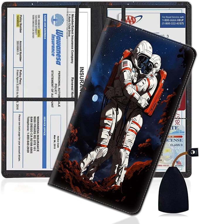 Yuxcfhjfe Car Registration and Insurance Holder, PU Leather Auto Document Holder for Men&Women, Vehicle Glove Box Compartment Organizer with Magnetic Shut for Driver's License, Astronaut Hug Pattern