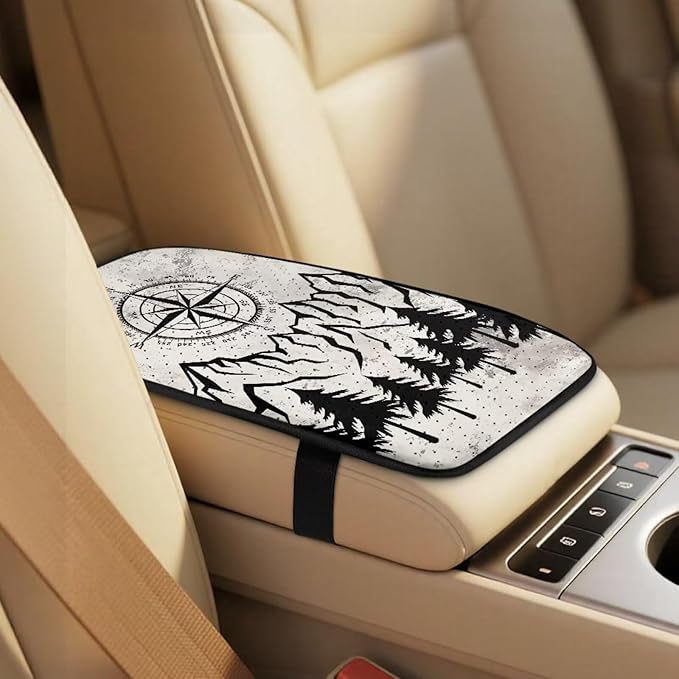 Qeluxign Air Mesh Car Seat Covers & Accessories 5-Piece Set 2 Seat Covers, 2 Shoulder Belt Pads, 1 Console Pad PU Leather Car Interior Set for Women,Compass Mountain Pine Tree
