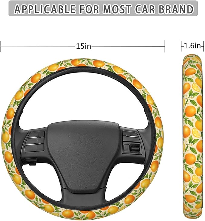 FeHuew Watercolor Oranges Leaves Steering Wheel Cover for Women, Girls 15 inch Universal Auto Car Anti Slip Wrap Steering Wheel Covers Fit for Vehicles, Truck, SUV
