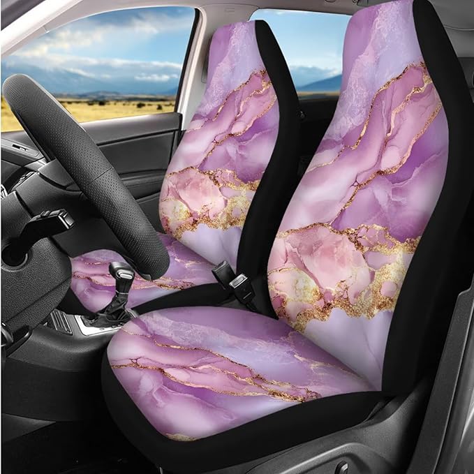 Dngkaoje 13 Pack Pink Marble Print Car Seat Cover Set with Steering Wheel Cover Seat Belt Strap Cover Garbage Cans Coasters,Marble Texture Front and Rear Split Bench Seat Covers for Cars