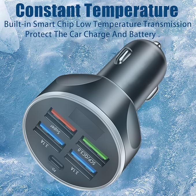 5 Port USB Car Charger, 250W Super Fast Charging Cigarette Lighter Adapter with LED Voltage Monitor, 4USB+Type C Multi Port Car Accessories Interior Compatible with Most Smart Phone (Black)